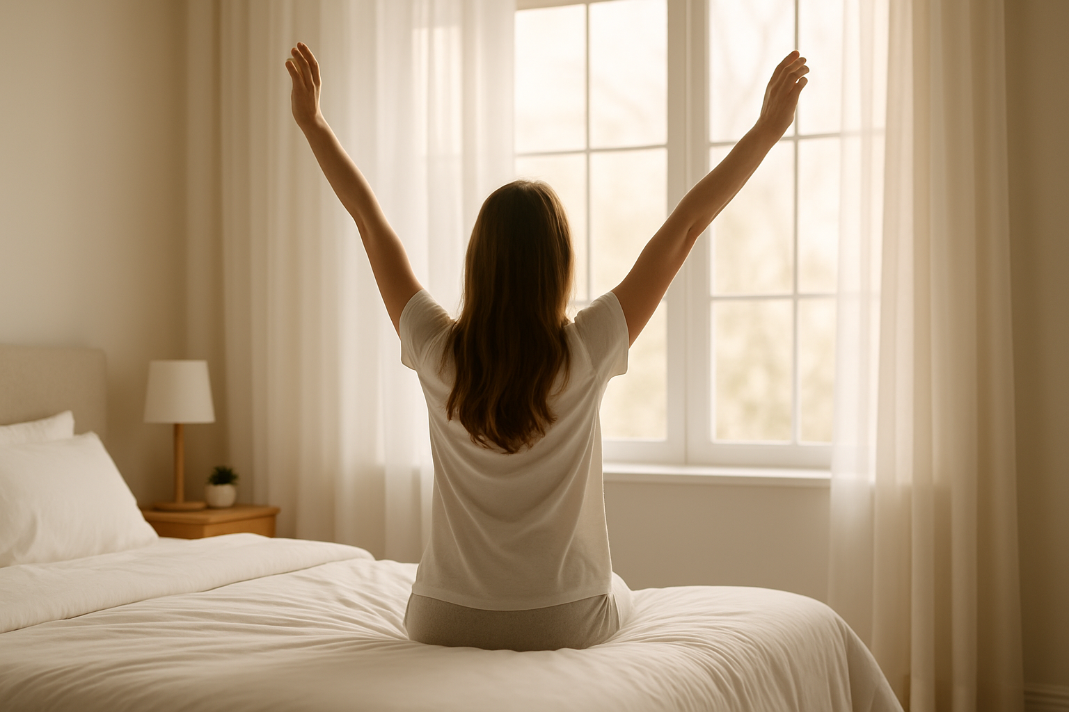 I want Hero image banner make it professional studio quality back shot of a female model just woke up from a good night of sleep in her room